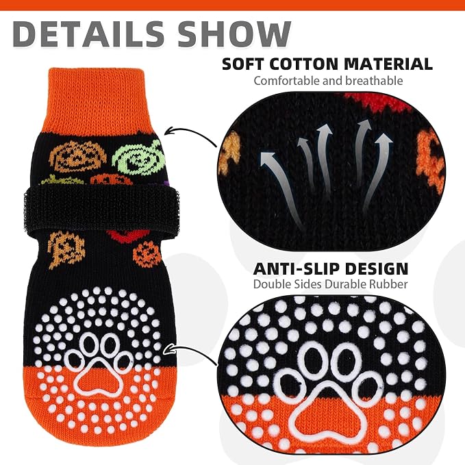 KOOLTAIL Anti Slip Halloween Dog Socks to Prevent Licking Paws, Dog Costume Boots&Paw Protector with Grippers for Hardwood Floors, Traction Control No Twist Booties for Small Medium Large Dogs, M