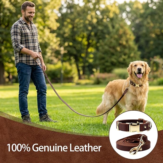 Leather Dog Collar and Leash Set, 5FT Heavy Duty Leather Training Leash with Adjustable Dog Collar, Soft and Durable Dogs Leashes and Collars Set for Small Medium Large Dogs (Brown, S)