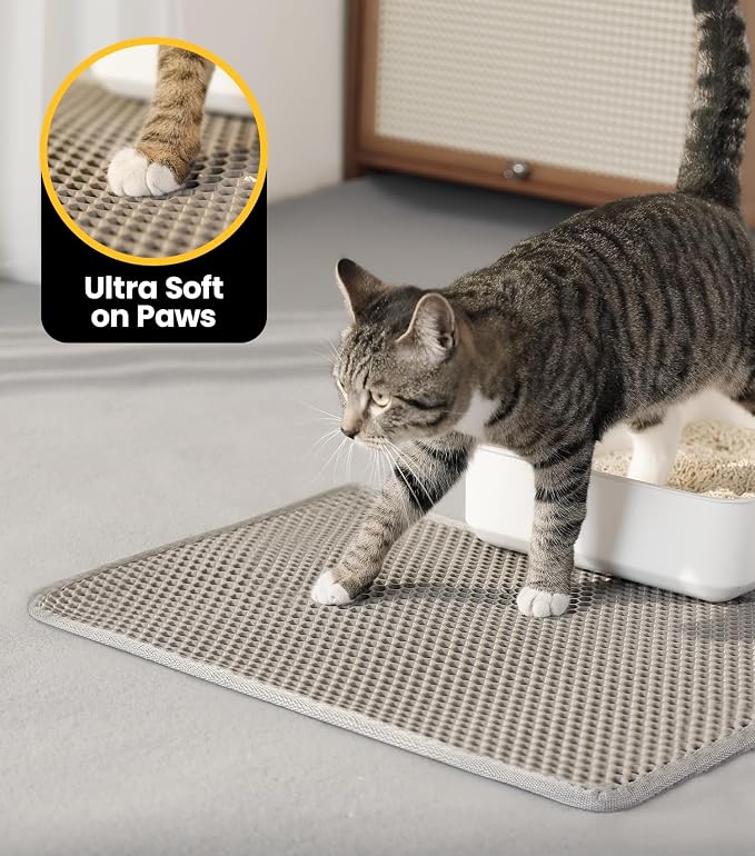 Cat Litter Mat, Upgrade Super Waterproof Back Layer Litter Box Mat, Non Slip, Durable, Soft on Paws Kitty Trapping Matt (34"x26", Gray)