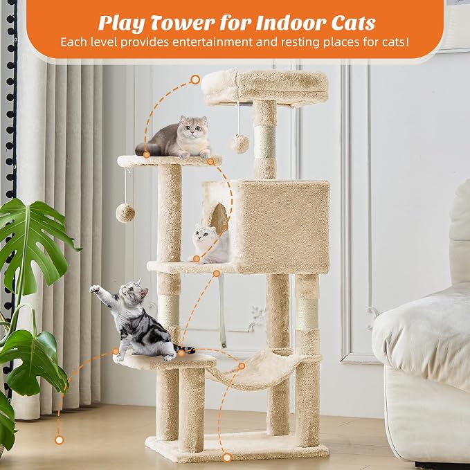 Sweetcrispy 44 Inch Cat Tree Tower, Cat Condo with Hammock, Beige | Cat Climbing Tower with Natural Sisal Scratching Posts, Hammock, Pet Condo for Indoor Cats and Kittens Play