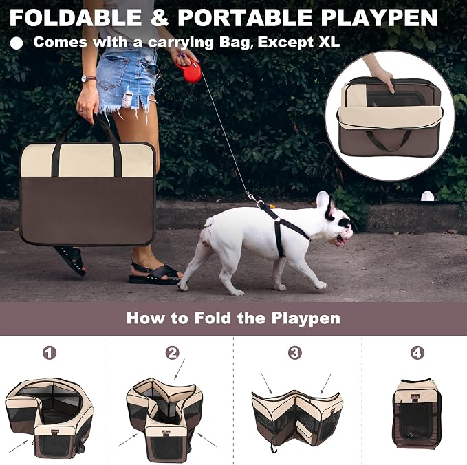 Aivituvin Dog Playpen, Foldable Pet Play Pens with Carrying Bag for Cat, Puppies, Rabbits, Portable Dog Tent Crates Cage for Travel Camping Indoor Outdoor, Removable Shade Cover, Brown M