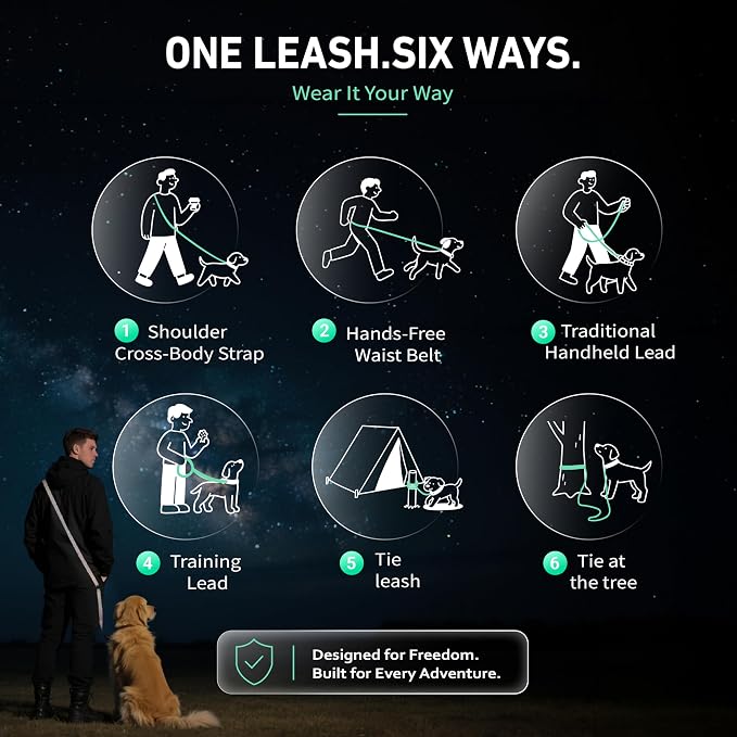 Hands Free Dog Leash,Galaxy Reflective, Crossbody Dog Leash, Green | Galaxy Reflective • Outdoor Ready • Emergency Control Handle • Multi-Way Wear