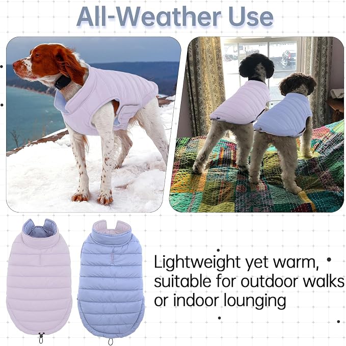 Lelepet Reversible Dog Coat Windproof Dog Puffer Jacket Lightweight Vest | Winter Jacket Warm Cold Weather Coat for Medium Dogs Adjustbale Hook & Loop Pet Apparel with Leash Hole, Pug, Purple, M