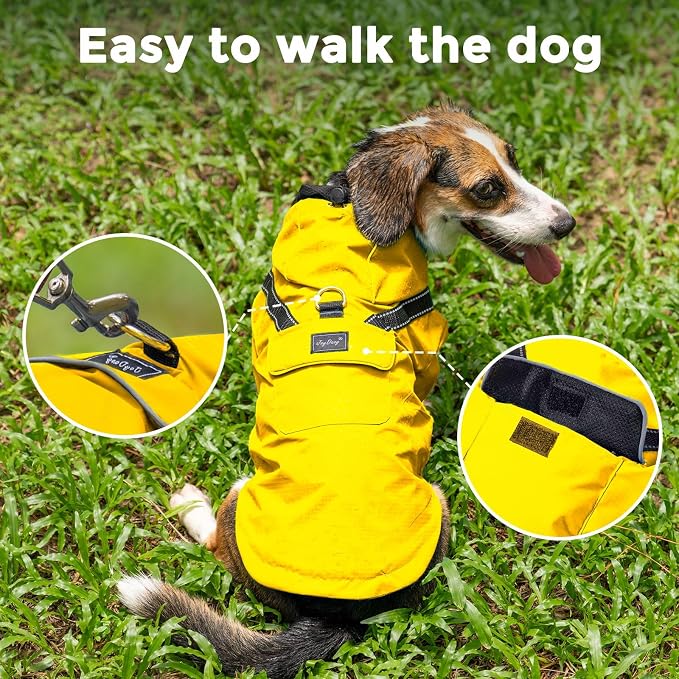 JoyDaog Dog Raincoat with Hood, Waterproof Dog Rain Jacket for Small Dogs | Waterproof dog rain jacket with hood and pockets for rainy walks, outdoor activities and everyday protection,Yellow S