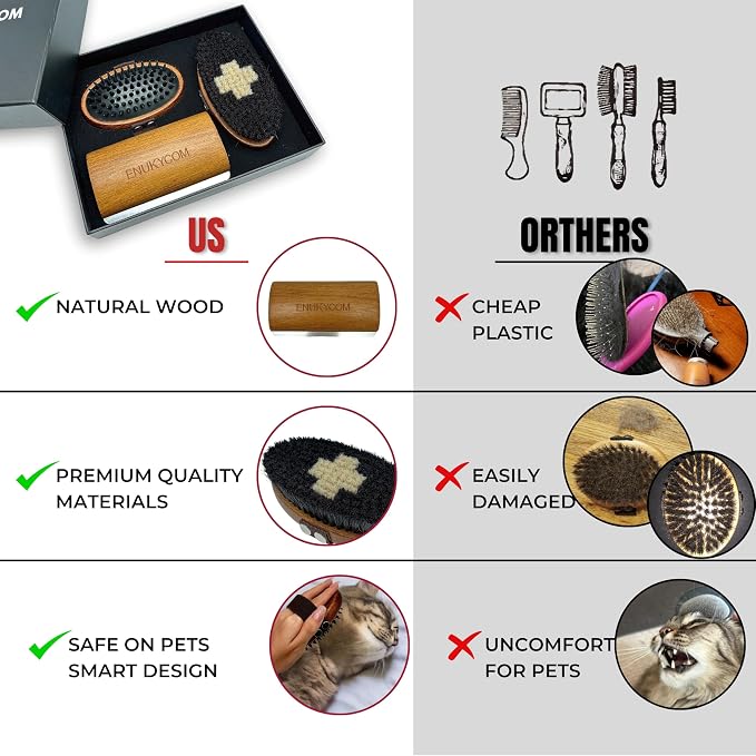 Wooden Pet Grooming Kit for Short-Haired & Double-Coated Dogs Cats Horses- Includes Bristle Brush, Massage Brushes & Deshedding Tools -Dog Brush for Shedding - Best Deshedding Comb - Idea Gift
