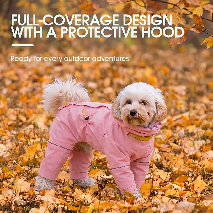 Kouser Waterproof Full-Body Coverage Dog Raincoat, Pink M | Dog Raincoat with Reflective Stripes, Adjustable Dog Rain Jacket with Leash D-Ring, Hooded Poncho for Small Medium Large Dogs