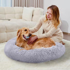 Large Calming Dog Bed for Large Dogs, Ultra Soft Fluffy Anti Anxiety Pet Bed, Plush Round Washable Donut Dog Bed with Raised Rim for Golden Retriever, Husky, Labrador & Indoor(Light Grey, 36 Inch)