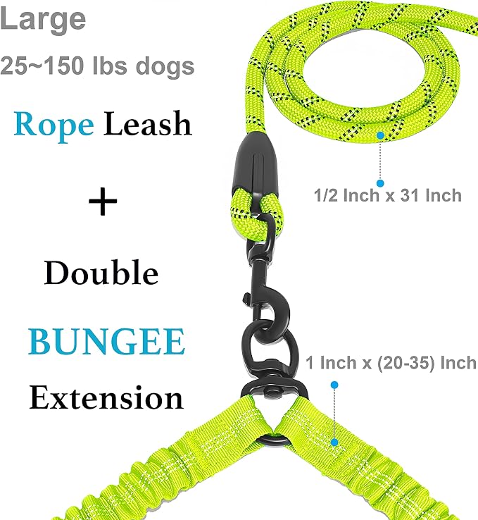 iYoShop Dual Dog Leash - 360° Swivel, No Tangle Walking Leash with Shock Absorbing Bungee for Two Dogs (Large, 25-150 lbs, Green)