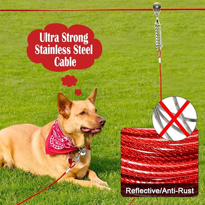 Dog Runner for Yard, Trolley System, 100FT+10FT, Red | Chew-resistant Cable, Shock Spring Softens Pulls, 360° Swivel Reduce Tangles