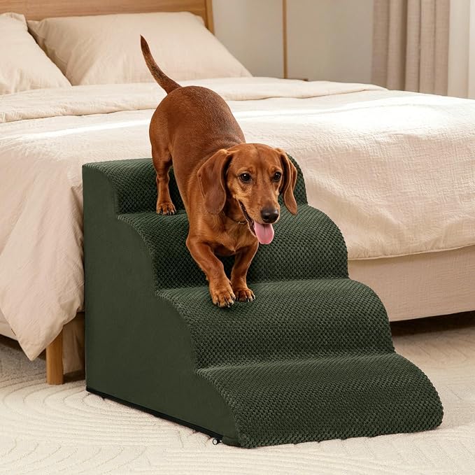 Aodisman Dog Steps for Bed or Couch,4 Step Pet Stairs for Small Dogs & Cat | Curved dog ramp help small dogs, senior cats and puppies get on and off couches and beds, non-slip bottom, 17.4" H,Green
