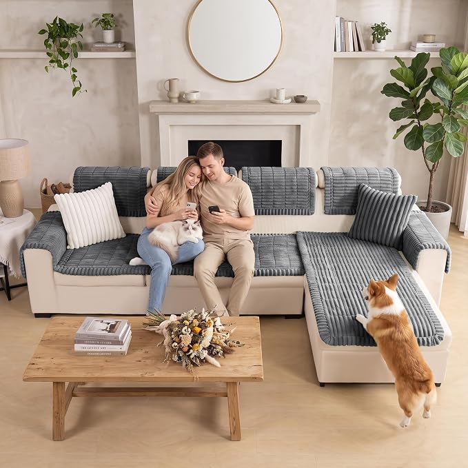 FUANGUI 2 Pack Waterproof Couch Cover for Dogs Pets Sofa Protector | Non-Slip Washable Fuzzy Soft Sofa Slipcover for 2 PCS L Shaped Sofa Pet Friendly, 27.6" x 70.9"+27.6" x 82.7", Grey