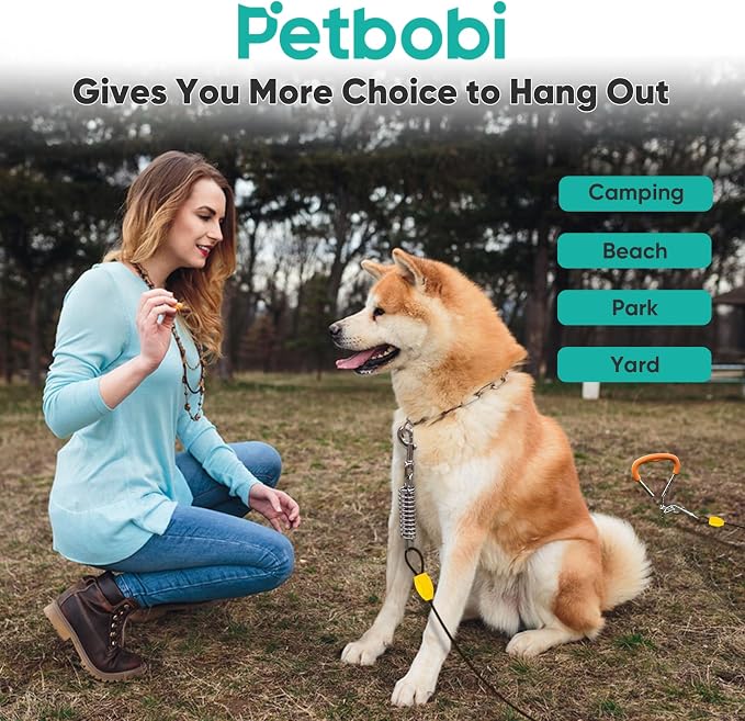 Petbobi Dog Tie Out Cable and Stake, 30ft Heavy Duty Dog Leads for Yard | 4in Shock Spring, 16in Spiral Ground Anchor, 360° No-Tangle Swivel, Chew-Proof Rustproof Wire, Up to 120 lbs, Outdoor Camping
