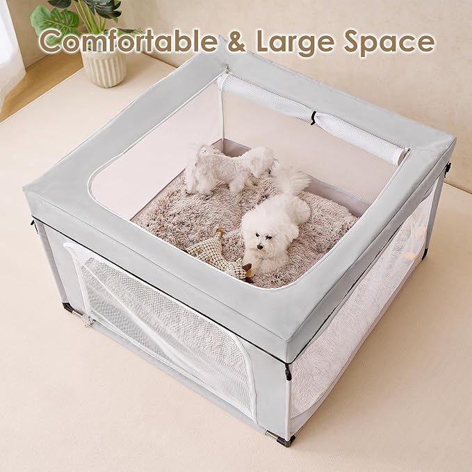 EHEYCIGA 42x42x26 Dog Playpen with Top Cover for Dogs & Cats, Sliver Grey