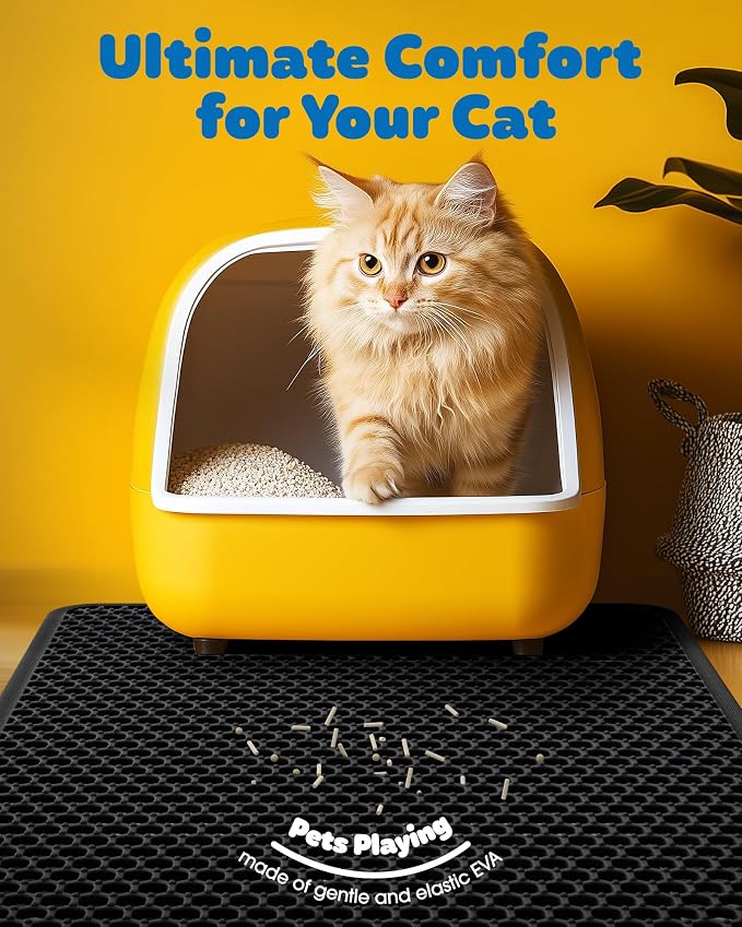 Powools Ultra-Large Cat Litter Mat, 35'' x 30", Double-Layer, Black | Urine-Proof, Non-Slip Litter Trapping Mat, Easy to Clean, Kitty Litter Mats for Floor, Scatter Control