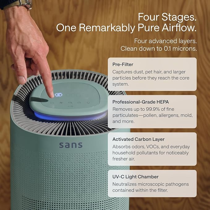 Sans Air Purifier Mini for Large Rooms (Up to 490 Sq Ft) – True HEPA & | Activated Carbon Filter for Allergies, Pets, Dust, and Odors | Quiet 25dB Operation with UV-C Light & Lights-Out Mode (Agave)