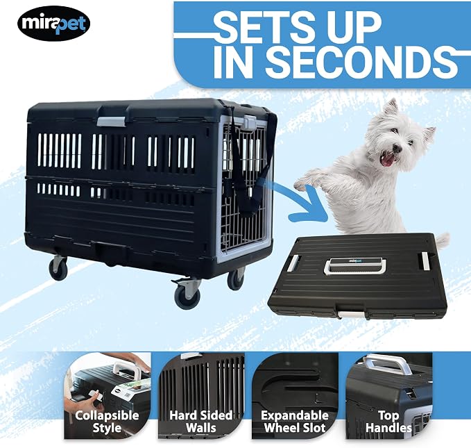 Collapsible Dog Crate & Travel Kit Bundle, 35"L x 21"W x 27"H, Hard Sided Portable Kennel with Wheels, Strap, and Zip Ties for Travel