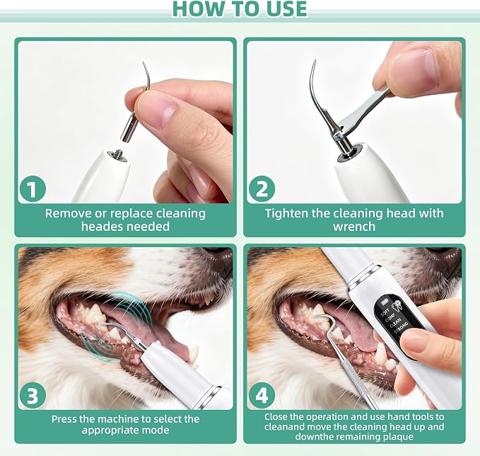 Dog Plaque Remover for Teeth, Pet Ultrasonic Tooth Cleaner Kit, 5 Adjustable Modes Dog Teeth Cleaning Kit with LED Light, Dental Tools, Tartar and Stain Remover for Dogs and Cats (White)