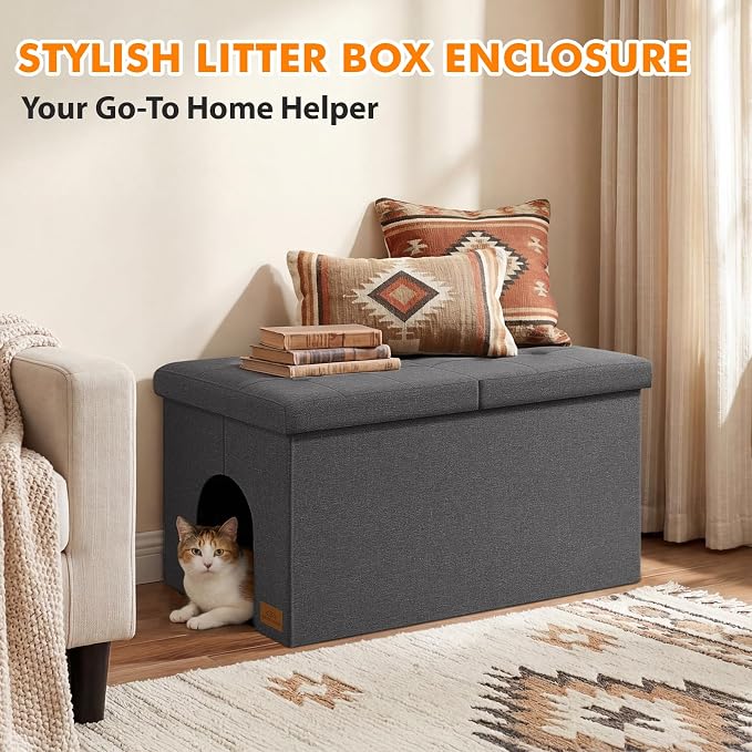 Zerbuger Cat Litter Box Enclosure Furniture for Odor Control | Hidden Cabinet Cats Litter Ottoman With Flip-Up Lid,Cat Litter Box Bench With Storage Space, Dog Proof(Grey, X-Large)