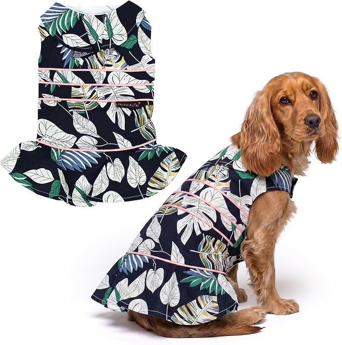 Parisian Pet Palm Dog Dress - 100% Cotton Summer Clothes for Large Dogs Girl - Tropical Leaf Pet Dress - Stylish Beach Dog Outfit - Lightweight Puppy Clothes - Green Dresses for Dogs