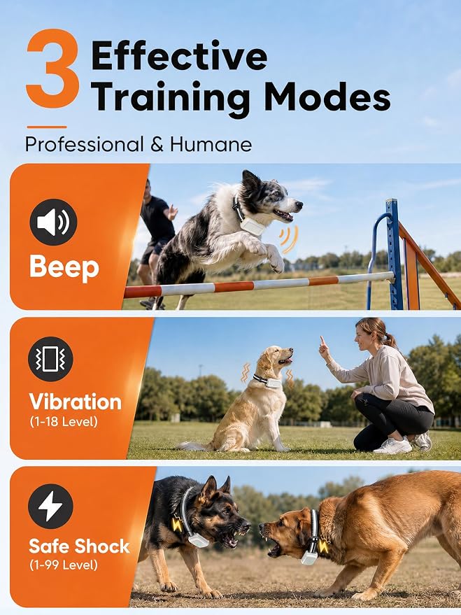 Dog Training Collar with Remote: 3300ft Range IP68 Waterproof E-Collar with Reflective Strap, Beep Vibration & Shock Modes for Anti-Bark & Behavior Correction, Dog Shock Collar, Fits 14"–25" Neck