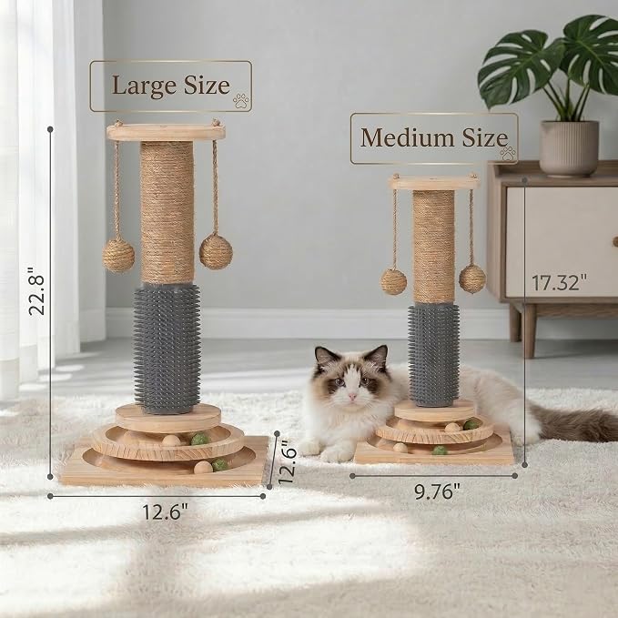4-in-1 Solid Wood Cat Scratching Post with Self-Groomer, Medium Size | Natural Sisal Scratcher with 2-Level Track Ball Toy, Interactive Cat Tree and Furniture Protector for Indoor Cats