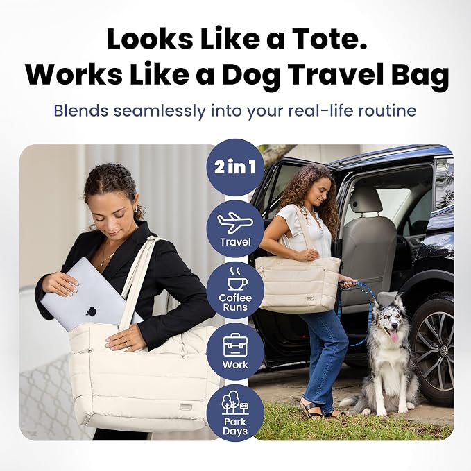 Rubyloo Puffer Dog Travel Bag for Dog Moms, Diaper Bag with Travel Bowls | 2 BPA-Free Collapsible Bowls, 2 Pet Food Containers, 9 Pockets, Everyday Puffer Bag Works With or Without Your Dog, Beige