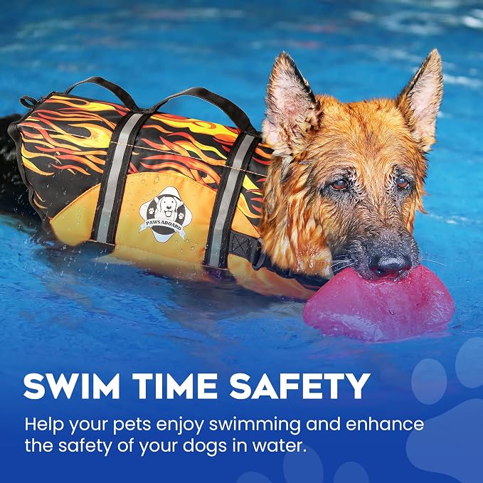 Dog Life Jacket — Premium Swim Vest with SafeChin Anti-Choke Collar | PAWS Aboard Racing Flames | RapidLift Rescue Handle, D-Ring, Reflective Trim | Boating, Kayaking, Pool | X-Large (80–110 lbs)