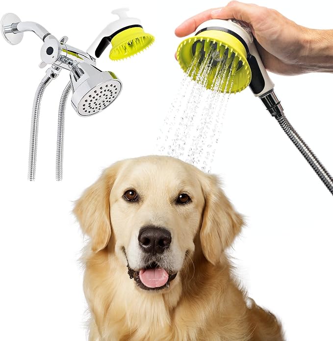 Wondurdog Indoor and Outdoor Dog Wash Kit for Shower and Garden Hose with Splash Shield and Rubber Scrubbing Attachment. Fast and Easy Dog Bathing and Cleaning. Pet Grooming for Long and Short Hair