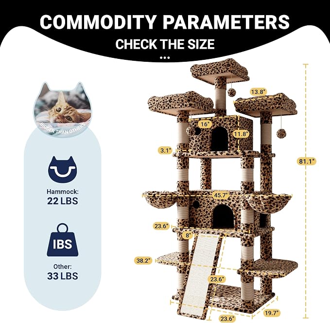 Allewie 82 Inches Large Cat Tree/House/XXL Tall Cat Towers for Big Feline/Scratching Post/Multi-Level Large Kitty Climbing Tree with Condo/Leopard Print