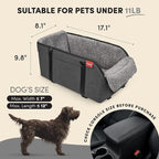 BurgeonNest Center Console Dog Car Seat for Small Pets to 11lbs, Grey | Anti-collapse armrest Console seat with washable fluffy cushion, pillow & tether for stable, cozy pet travel trips.