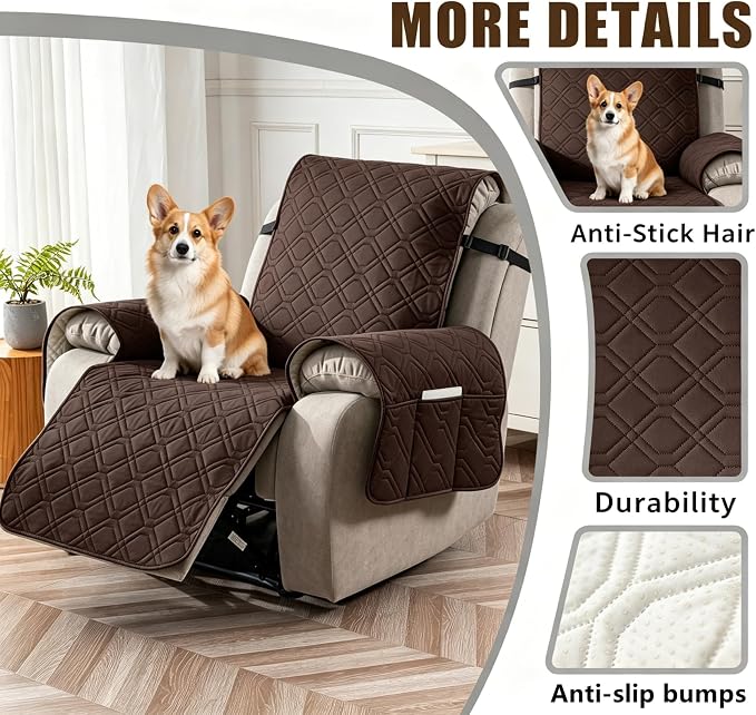 100% Waterproof Recliner Chair Cover, Non-Slip Washable Recliner Slipcover with Elastic Straps & Side Pocket, Stay in Place Furniture Protector for Dogs Cats Kids(Chocolate, 23)