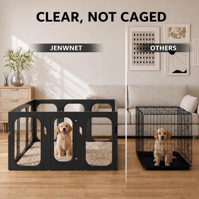Acrylic Clear Dog Playpen Indoor with Door, 26'' H Transparent Dog Play Pen for Small Dogs, No-Connector Modular Puppy Playpen with Integrated Suction Cups Base, 12 Panels, Black