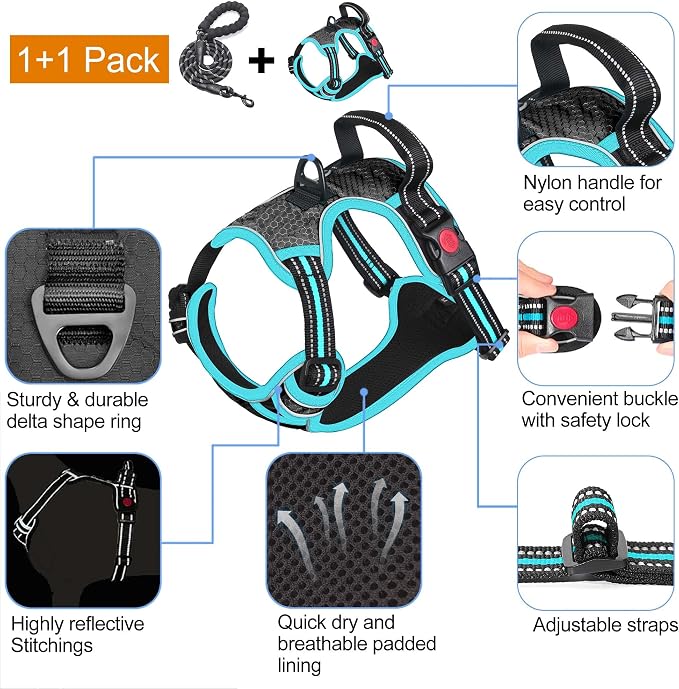 tobeDRI No Pull Dog Harness Adjustable Reflective Oxford Easy Control Medium Large Dog Harness with A Free Heavy Duty 5ft Dog Leash, Black/Blue, XL