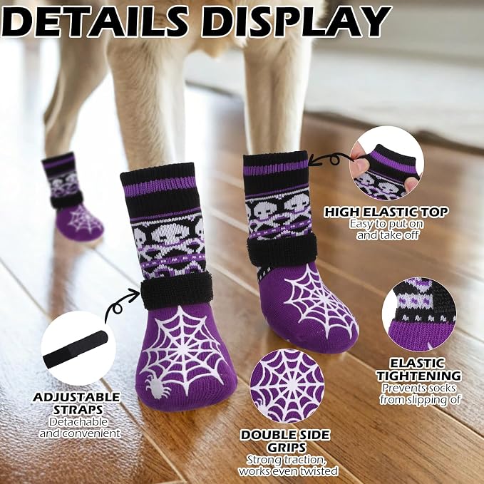 EXPAWLORER Halloween Anti Slip Dog Socks to Prevent Licking Paws, Boots & Paw Protectors with Spider Web Grippers,Doggie Booties for Hardwood Floors for Small Medium Large Senior Dogs Purple Ghost S