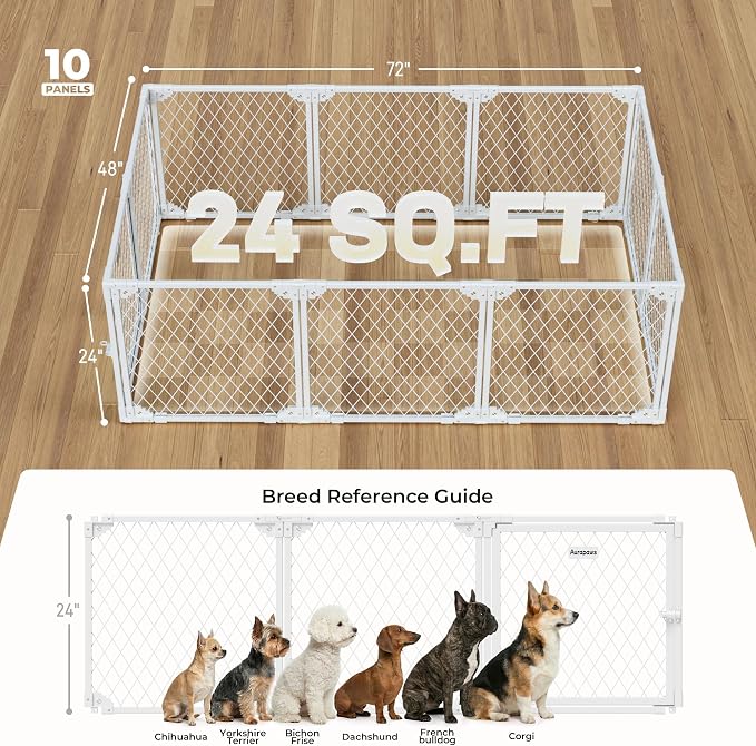 Dog Playpen Indoor, 10 Panel, 24" White Metal Puppy Playpen | Diamond Mesh Chew Resistant, Tool-Free Assembly, Easy Clean, Portable Design, Dog Exercise Pen for puppies and small dogs