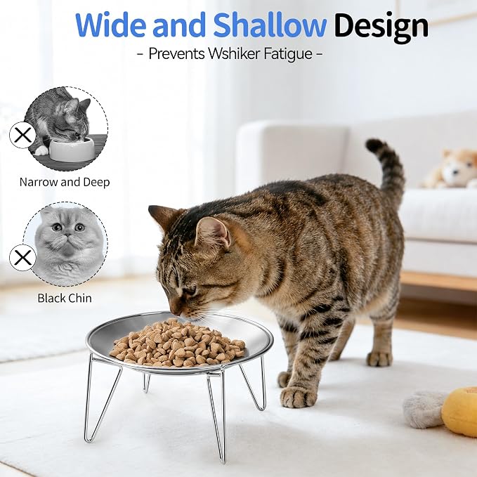 WROSWT Elevated Cat Bowls, 304 Stainless Steel Raised Cat Dishes, Extra Wide Shallow Cat Bowl for Whisker Fatigue Relief & Flat-Faced Breeds, Anti-Vomiting Kitten Feeder with Detachable Stands, 2 Set