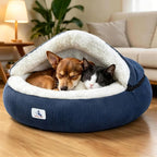 Calming Cozy Dog Cave Cover Bed, Small Doggy Anti Anxiety, Washable | Not Collapsing, Stand Up Hooded Cover, Cozy Round Fluffy Cocoon Beds Medium Cat, 2 in 1 Removable, Neck Support, Blue