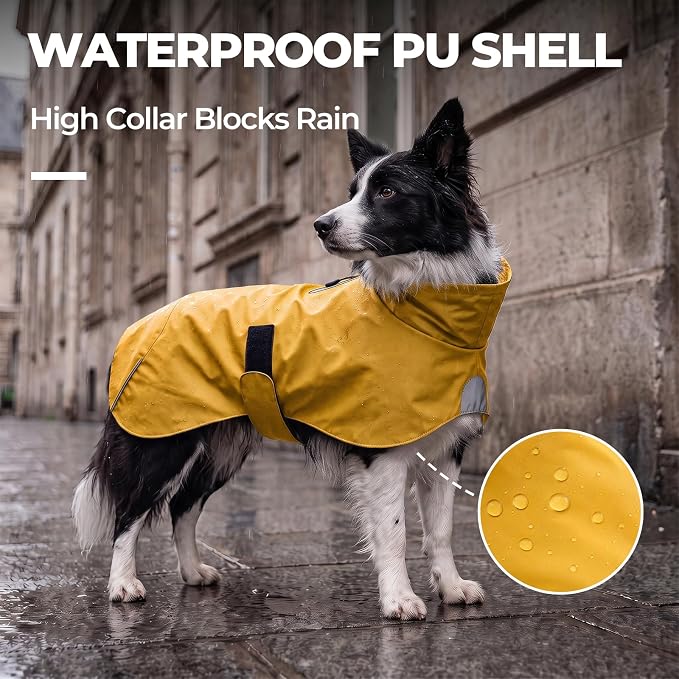 PU Dog Raincoat, Non-Toxic & Odorless Waterproof Vest, Adjustable High Neck and Hook & Loop Belly Closure for Rainy Potty Breaks & Wet Weather Outdoor Walks (Yellow, Large)