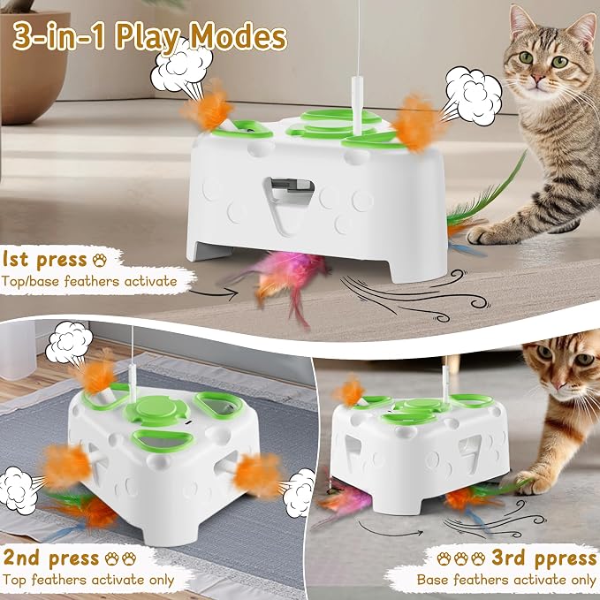 3-in-1 Automatic Interactive Cat Toy, Flying Bird, Mole & Feather | Rotating feather, 3 play modes, cheese-shaped non-slip base, USB-C rechargeable 1200mAh battery, 8-minute auto shutoff