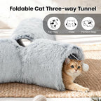 Tempcore Plush Cat Tunnel for Indoor Cats, 3 Way Collapsible Pet Play Tunnel with Teaser Wand, Peek Holes & Hanging Ball, Interactive Tube for Kittens & Rabbits, Light Grey