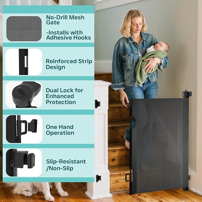 Retractable Baby Gate,Mesh Baby Gate or Mesh Dog Gate,34" Tall,Extends up to 100" Wide,Child Safety Gate for Doorways, Stairs, Hallways, Indoor or Outdoor