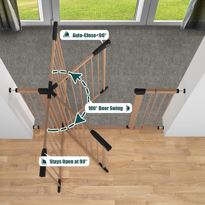 keny 29.7"-46" Baby Gate for Stairs, Auto Close Dog Gates for Doorways | Pressured Mounted No Drilling Pet Gate Extra Wide, Easy Walk Thru Stair Gate, 30" Tall, Brown