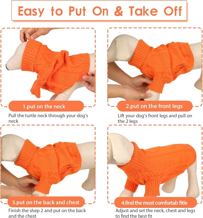 Queenmore Small Dog Pullover Sweater, Cold Weather Cable Knitwear, Classic Turtleneck Thick Warm Clothes for Chihuahua, Bulldog, Dachshund, Pug (Orange, Small)