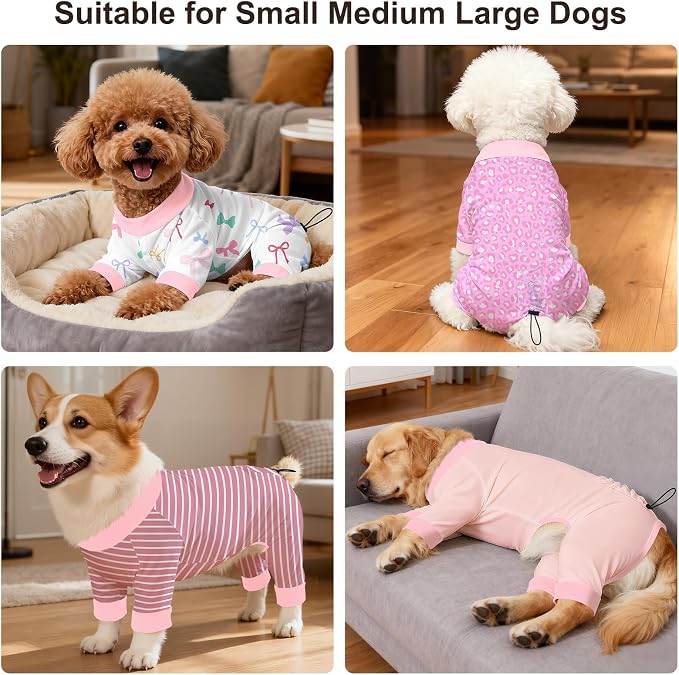 Bienbee Dog Pajamas, 4 Pack Adjustable Onesies for Small to Large Dogs S | Dog Shedding Suit with Soft Fabric, Breathable & Stretchy, and Adjustable Back Length for Sleeping Lounging and Daily Use