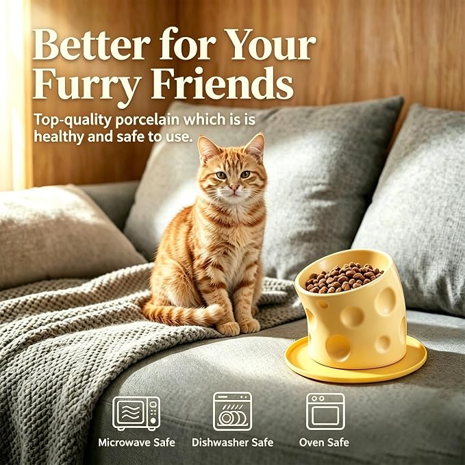 Ceramic Raised Cat Bowls, Elevated Cat Bowls with Food Mat | Anti-Vomiting & Spine Protection, Cheese-shaped, Whisker Friendly Pet Bowl, Dishwasher and Microwave Safe