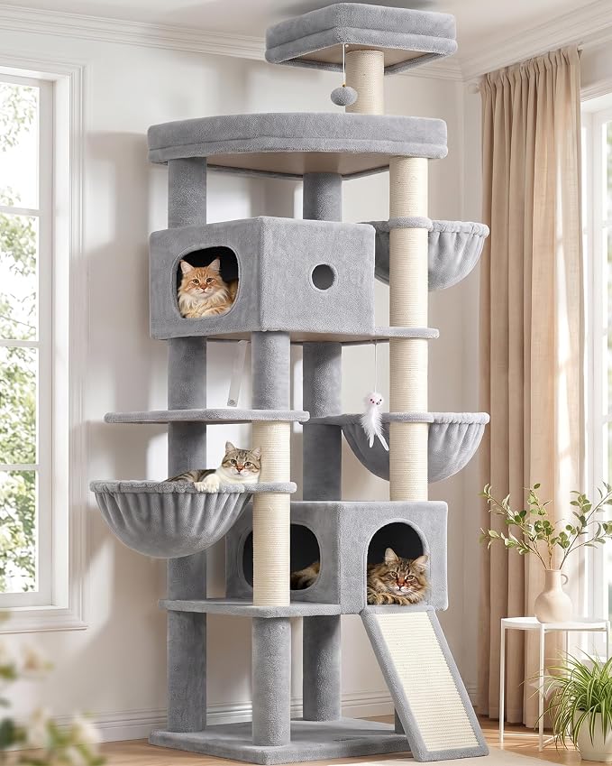 Globlazer F83C Heavy Duty Tall Cat Tree, 83in Multi-Level Tower, Light Grey | Easy Assembly, Maine Coon, Large Cats, Tall Tower, 2 Condos, 3 Hanging Baskets, 2 Perches, 7 Sisal Posts, Anti-Topple Strap