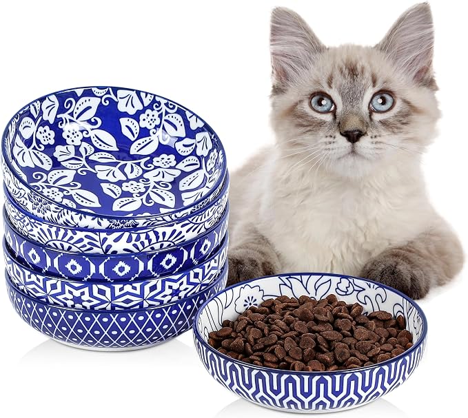 Selamica Ceramic Cat Bowls, 5.6 Inch Wide Shallow Cat Food Bowl/Dishes for Food and Water, Whisker Friendly, Set of 6, Vintage Blue