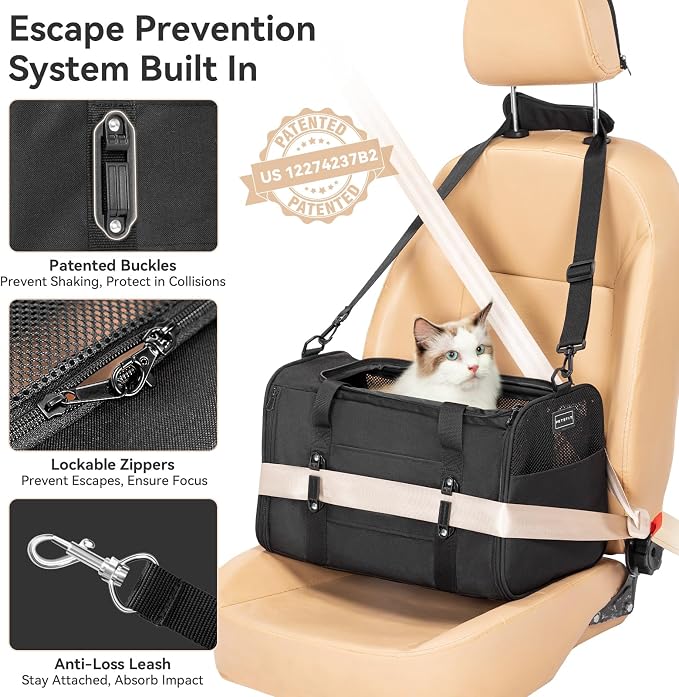 PETSFIT Cat Carrier Soft with Patented Safety Buckles, Safe for Car Travel | Lockable Zippers, Safety Tether, Escape-Resistant Pet Carrier for Vet Visits, Airline Approved Under-Seat, Up to 12 lbs