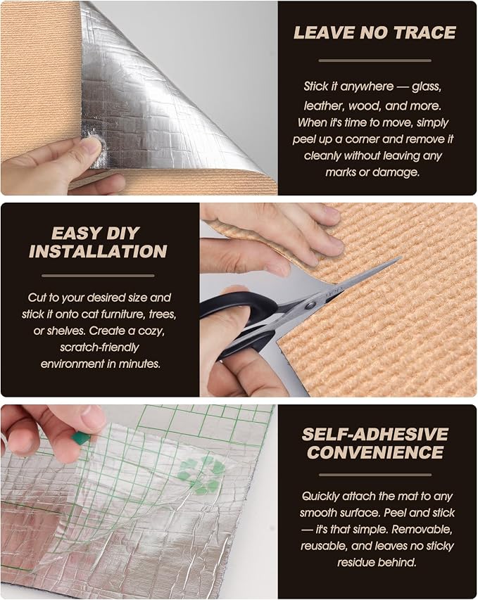 Cat Scratch Furniture Protector, Trimmable Self-Adhesive Carpet, DIY Climb Cat Scratcher Mat for Covering Cat Tower and Couch Protector from Cat Claws（Beige）
