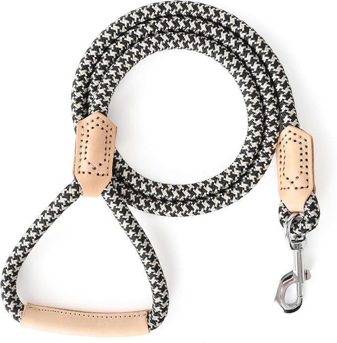 Mile High Life Dog Leash with Genuine Leather Handle, 4/5/6 FT | Rope Leash, Heavy Duty 360° Swivel Metal Clasp, for Small Medium & Large Dogs Walking (Black Khaki, 48 Inch-1/2)